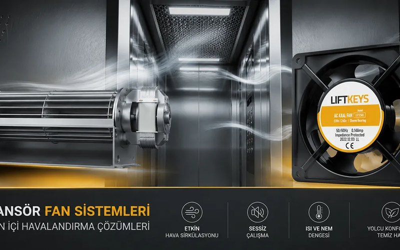 Modern bir asansör kabini tavanına entegre edilmiş, yüksek hava debisine sahip ve ağırlık sensörleriyle otomatik çalışan Liftkeys asansör havalandırma fanı.
