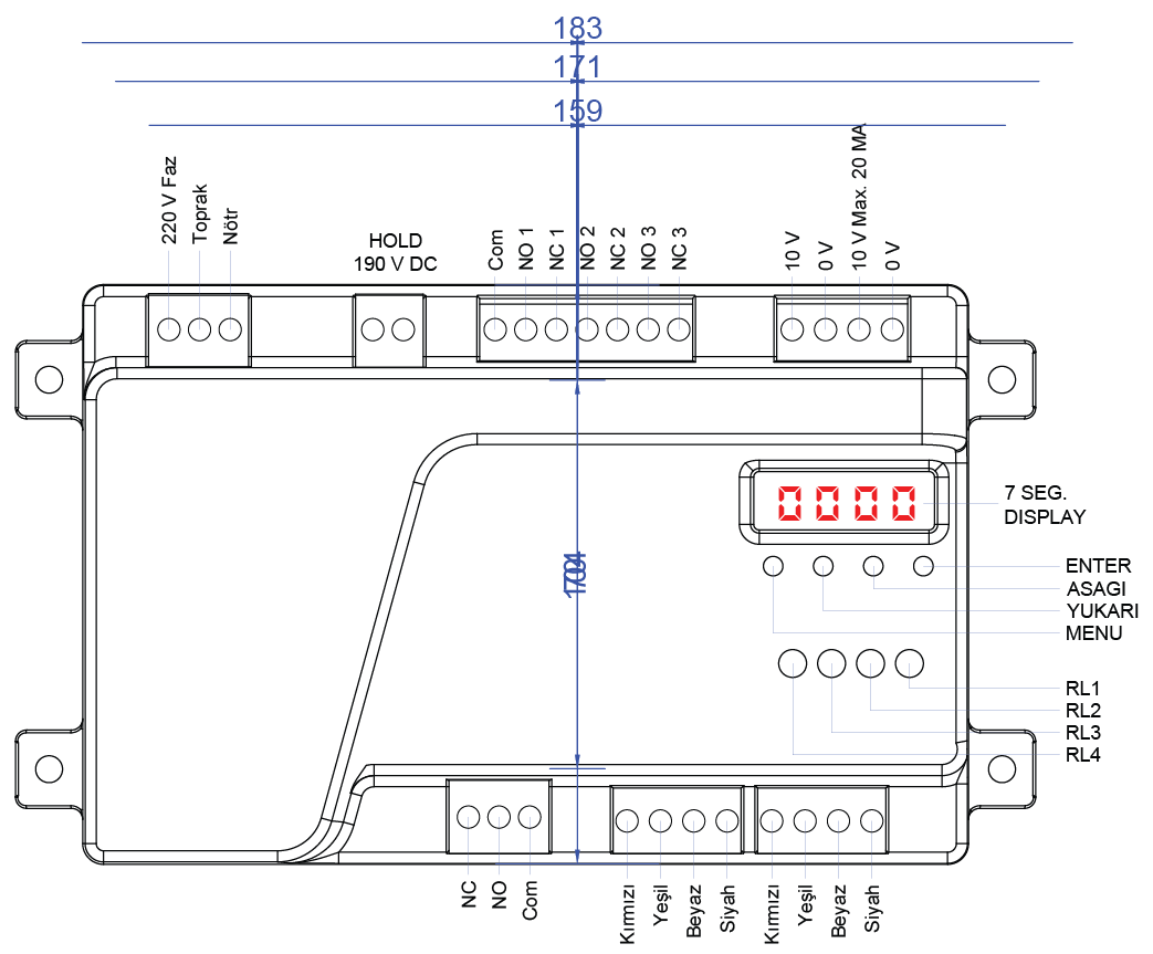 LiftKeys Atlas asansör aşırı yük sistemi kontrol paneli ve power ünitesi ön teknik çizimi ve ölçüleri