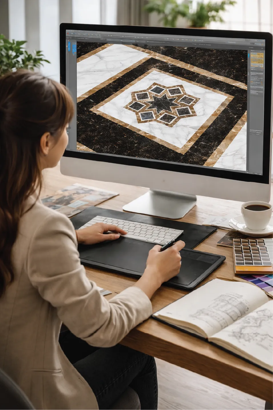 Bilgisayarda Özel Asansör Zemin Deseni Tasarlayan Mimar