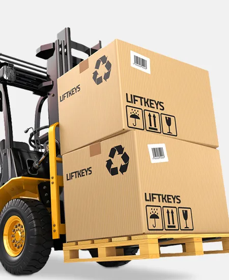 Liftkeys markalı asansör parçaları ve aksesuarları taşıyan forklift ile sevkiyat süreci