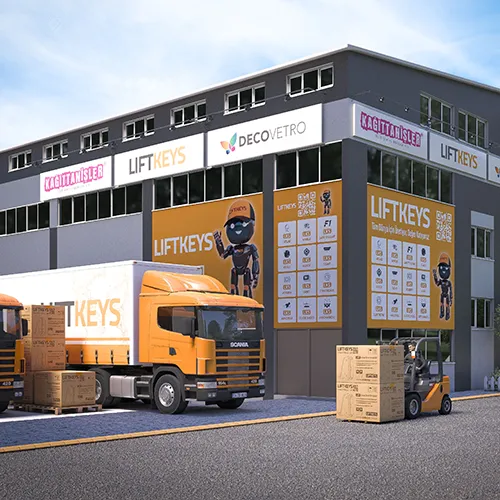 Liftkeys asansör yedek parçaları üretim fabrikası ve ürün sevkiyatı yapan lojistik araçları